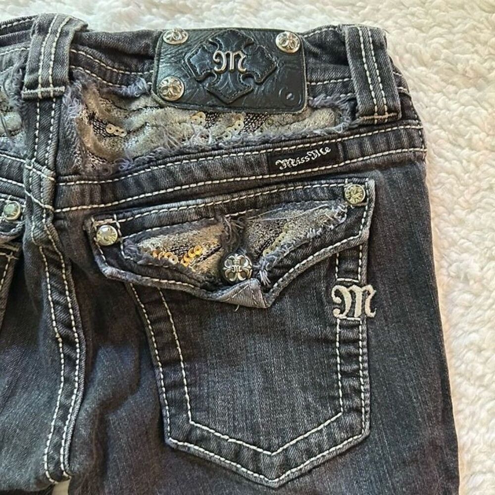Miss Me Low Rise Skinny Jeans Size 27 Small Y2K Dark Wash Rhinestone Flap